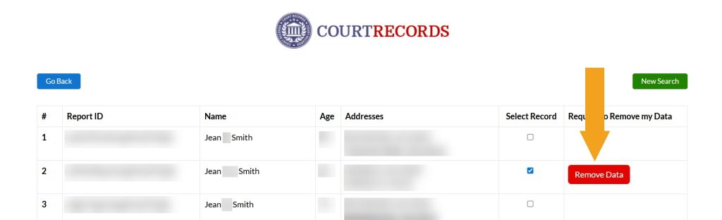Clicking the "Remove Data" button on VirginiaCourtRecords.us