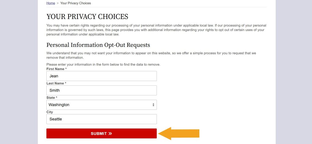 Filled out "Personal Information Opt-Out Requests" form on WashingtonCourtRecords.us