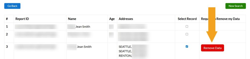 Clicking the "Remove Data" button on WashingtonCourtRecords.us