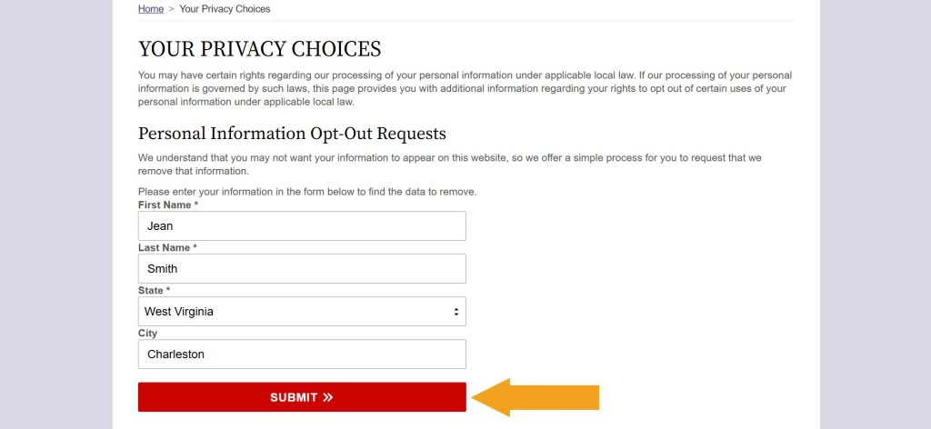 Filled out "Personal Information Opt-Out Requests" form on WestVirginiaCourtRecords.us