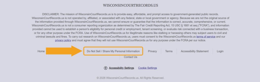 A "Do Not Sell / Share My Personal Information" link pointed at in the WisconsinCourtRecords.us footer