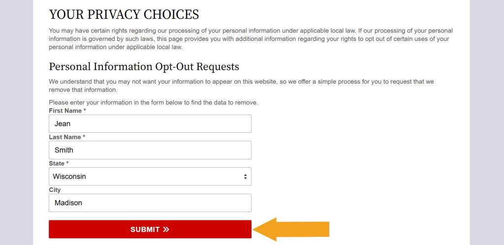 Filled out "Personal Information Opt-Out Requests" form on WisconsinCourtRecords.us