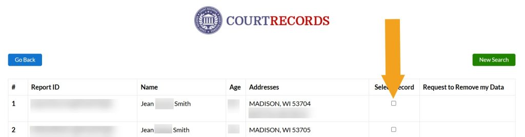 Selecting which record to remove from WisconsinCourtRecords.us
