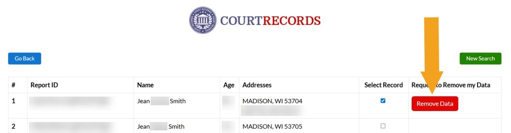 Clicking the "Remove Data" button on WisconsinCourtRecords.us