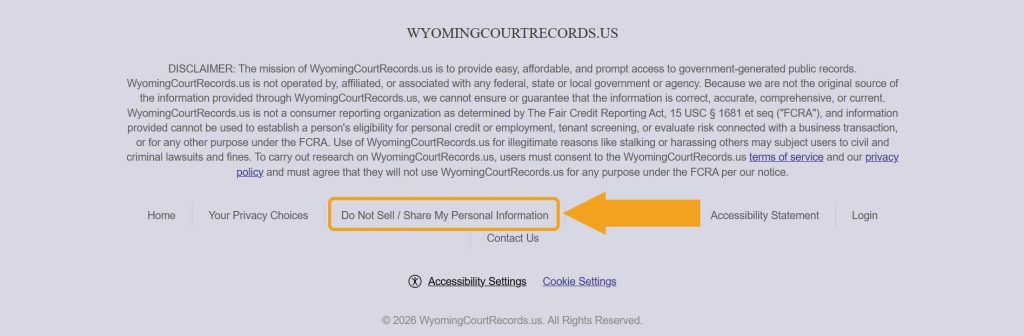 A "Do Not Sell / Share My Personal Information" link pointed at in the WyomingCourtRecords.us footer