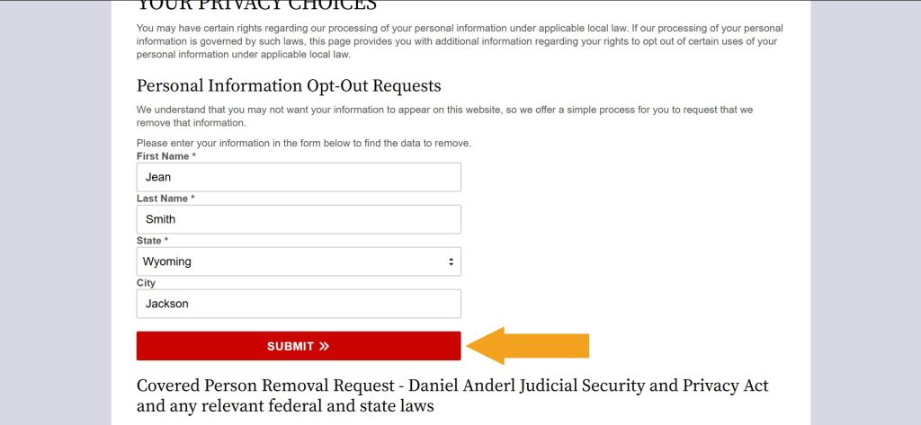 Filled out "Personal Information Opt-Out Requests" form on WyomingCourtRecords.us
