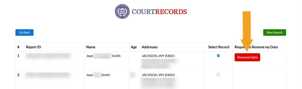 Clicking the "Remove Data" button on WyomingCourtRecords.us