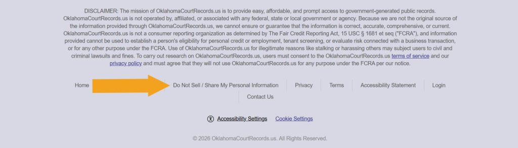 A "Do Not Sell / Share My Personal Information" link pointed at in the OklahomaCourtRecords.us footer