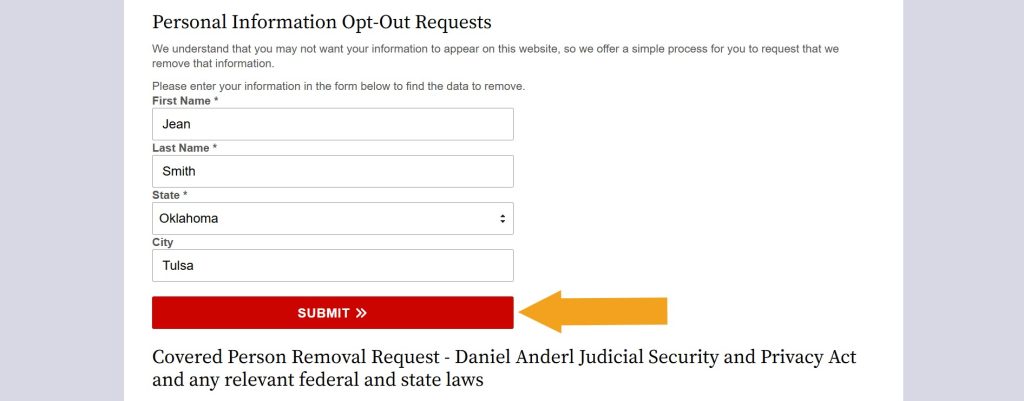 Filled out "Personal Information Opt-Out Requests" form on OklahomaCourtRecords.us