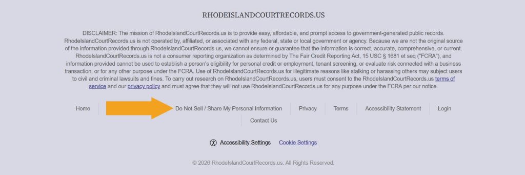 A "Do Not Sell / Share My Personal Information" link pointed at in the RhodeIslandCourtRecords.us footer