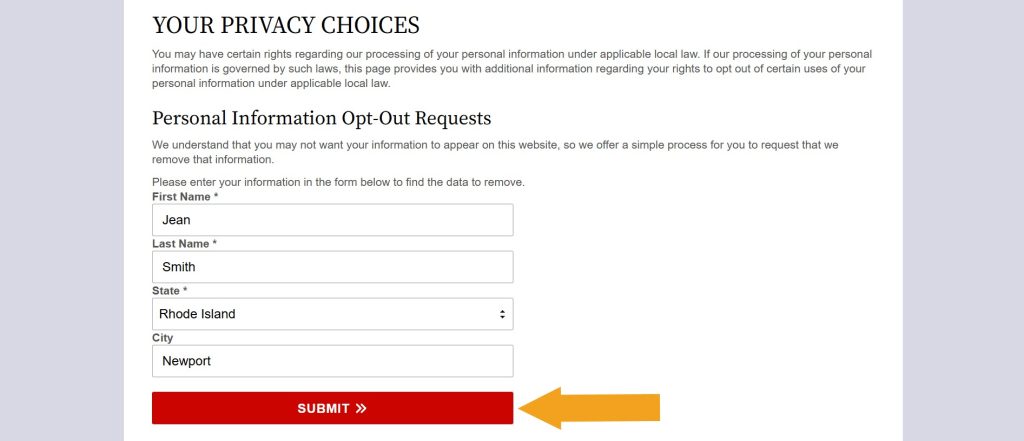 Filled out "Personal Information Opt-Out Requests" form on RhodeIslandCourtRecords.us