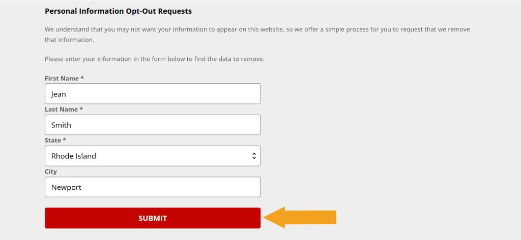 Filled out "Personal Information Opt-Out Requests" form on StateCourts.org