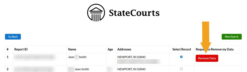 Clicking the "Remove Data" button on StateCourts.org