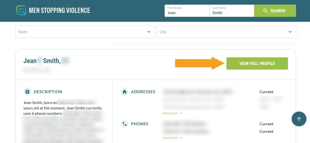 Menstoppingviolence.org name lookup results with an arrow pointing at a "View full profile" button