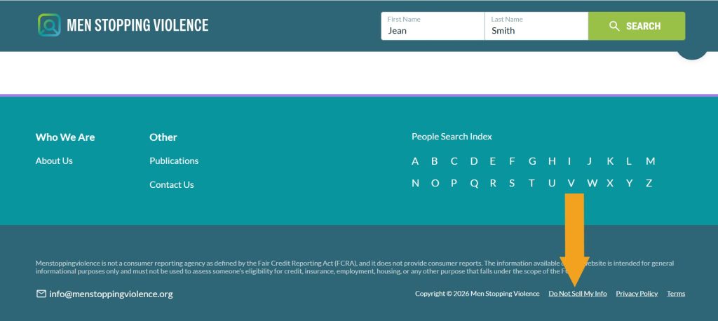 Menstoppingviolence.org footer with the "Do Not Sell My Info" link pointed at
