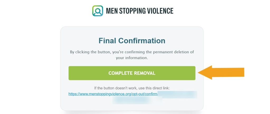Email final confirmation to complete removal from Menstoppingviolence.org