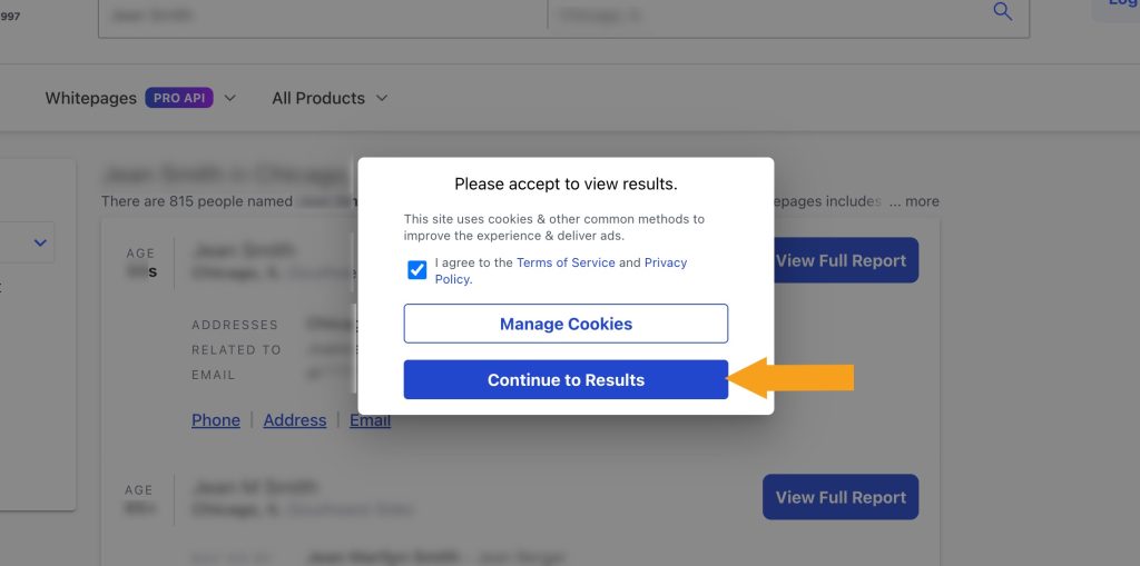 Whitepages pop-up prompting to agree to their Terms of Service during people search