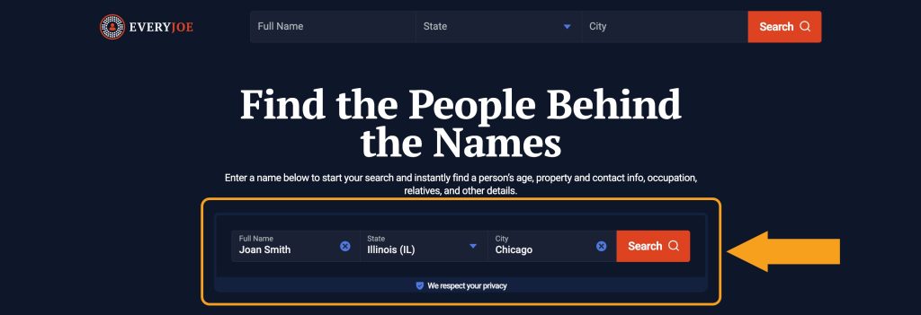 EveryJoe.com home page with a name search initiated