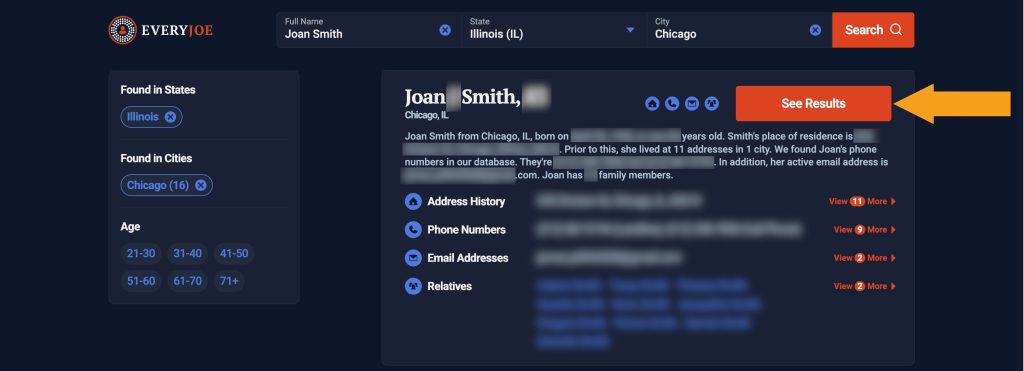 Name search results on EveryJoe.com with an arrow pointing at the See Results button