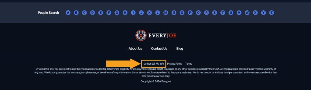 EveryJoe.com footer with the "Do Not Sell My Info" link pointed at