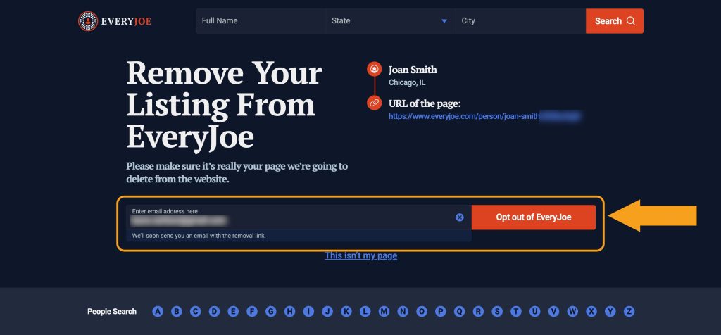 Submitting an email to opt out of EveryJoe.com