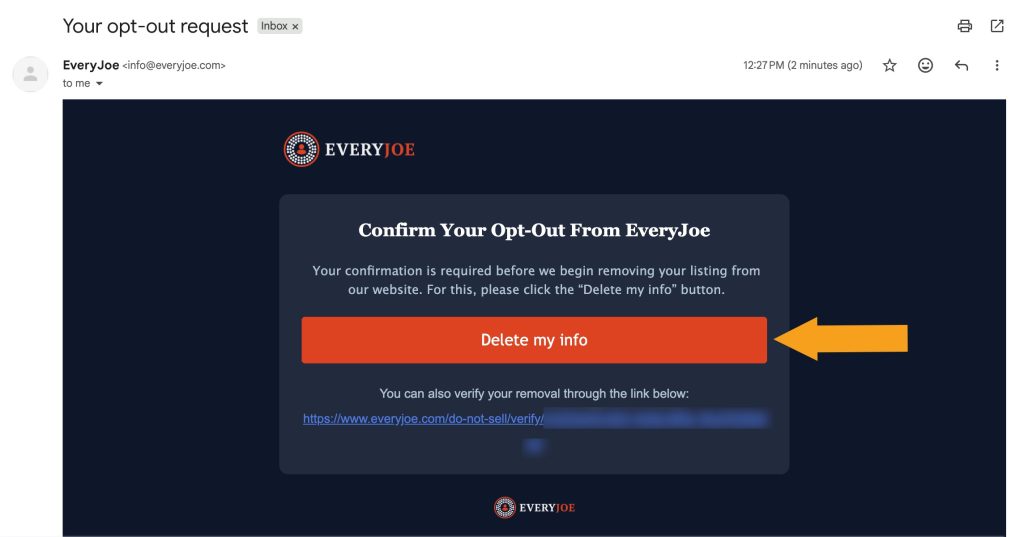 Opt-out verification email from EveryJoe.com