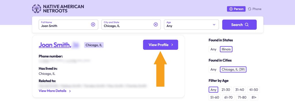 Person search results on NativeAmericanNetroots.net with an arrow pointing at the View Profile button