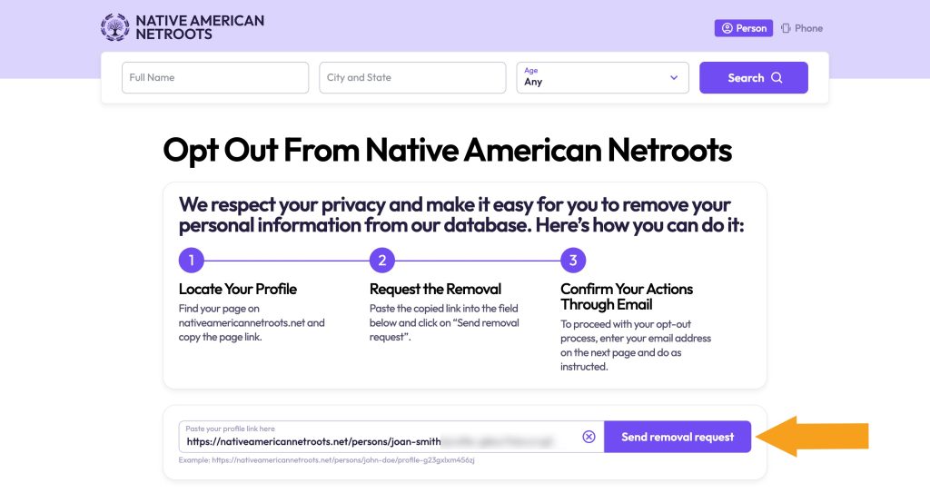 Submitting profile URL to opt out of NativeAmericanNetroots.net