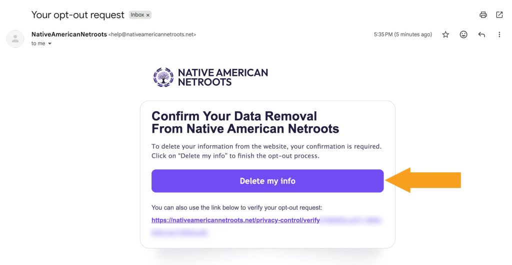 NativeAmericanNetroots.net opt-out request confirmation email