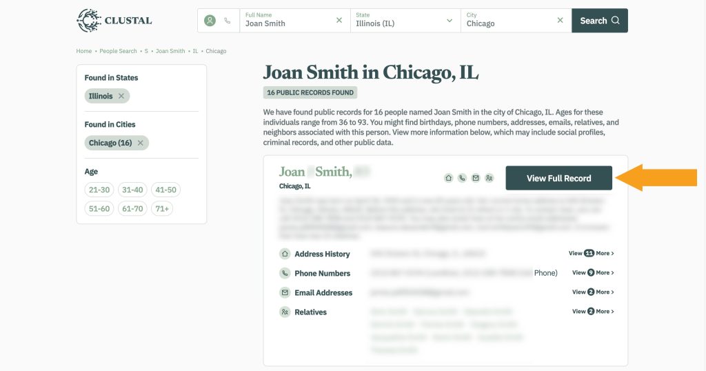 Search results on Clustal.org with an arrow pointing at the View Full Record button