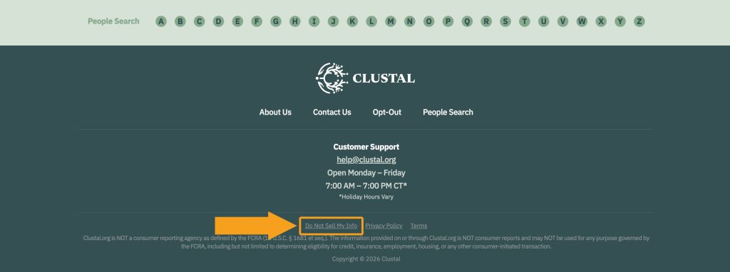 Clustal.org footer with the Do Not Sell My Info link pointed at