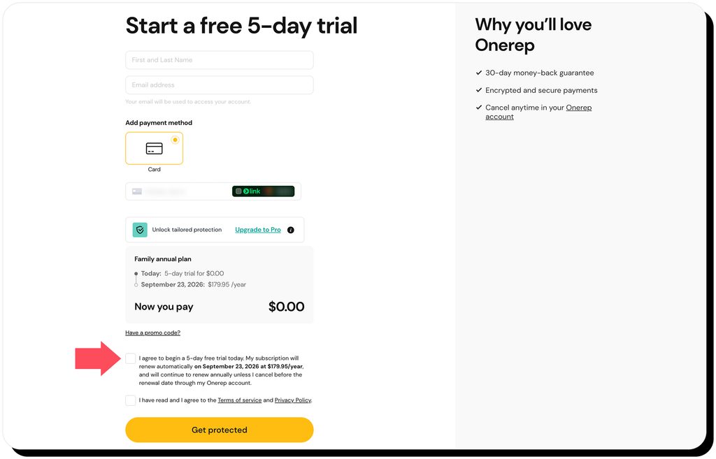 Onerep checkout page with the subscription terms highlighted