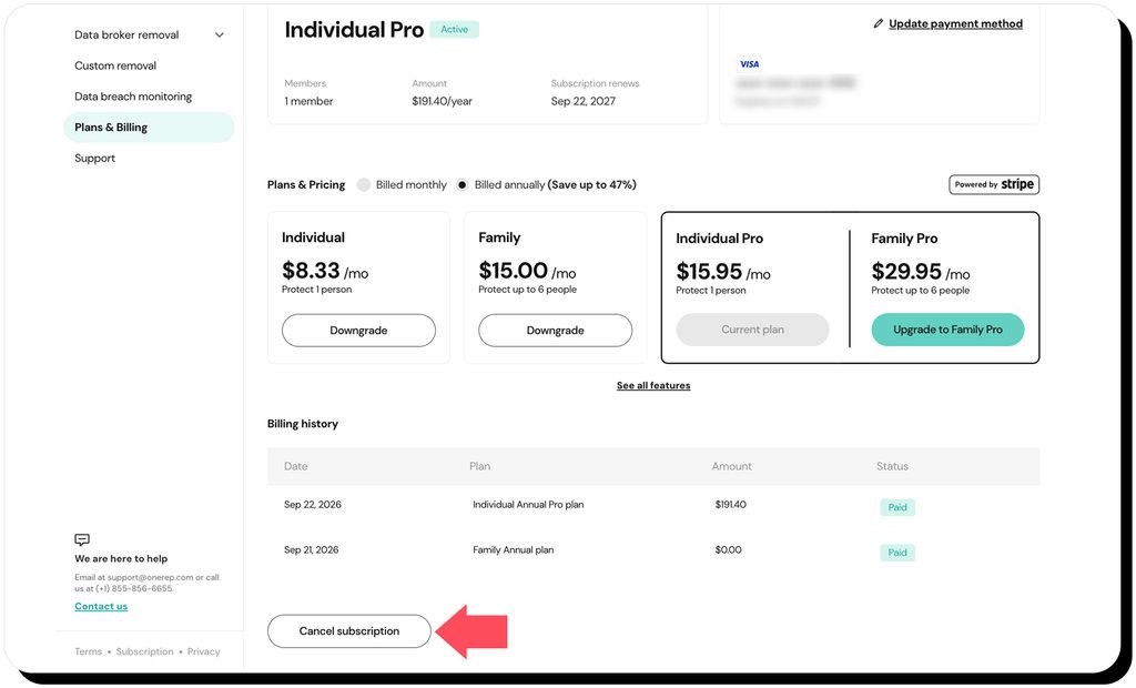 Plans & Billing page in Onerep dashboard with the "Cancel subscription" option highlighted